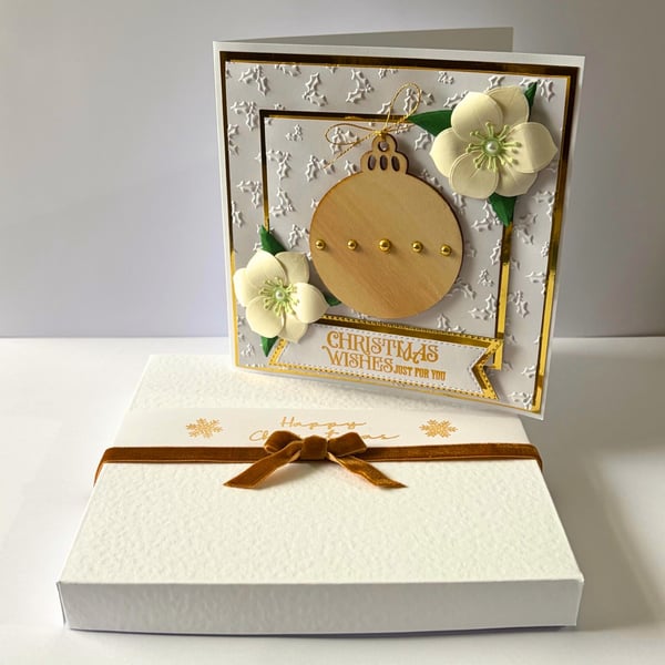 Luxury Handmade Christmas Card - Bauble, Christmas Rose, Boxed Keepsake