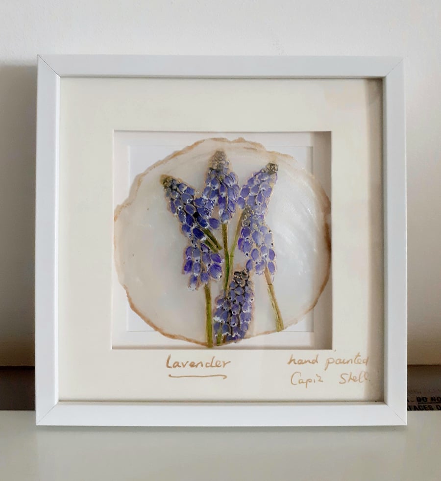 Hand painted lavender on Capiz shell picture
