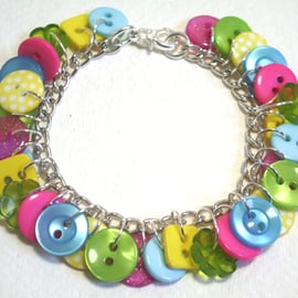 Lime Green, Hot Pink, Yellow & Aqua button charm bracelet FREE UK SHIPPING