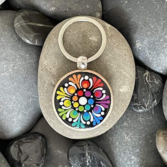 Hand Painted Keyring Mandala Acrylic Painting on Wood Original & Unique