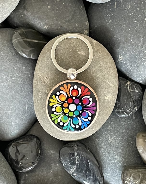 Hand Painted Keyring Mandala Acrylic Painting on Wood Original & Unique