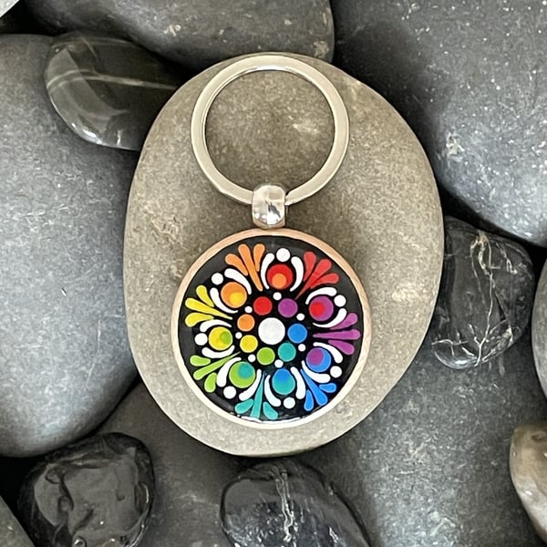 Hand Painted Keyring Mandala Acrylic Painting on Wood Original & Unique