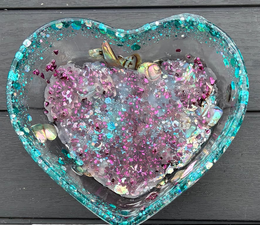 Heart shaped resin trinket tray pink and teal blue glitter and shell fragments 