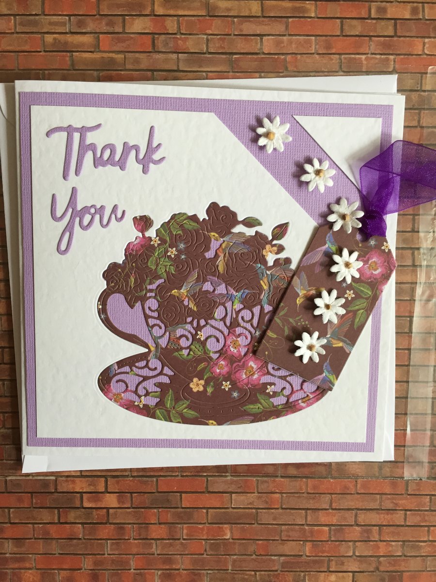 Handmade Thank You Card with gift tag,  teacup of roses, vintage style card. 