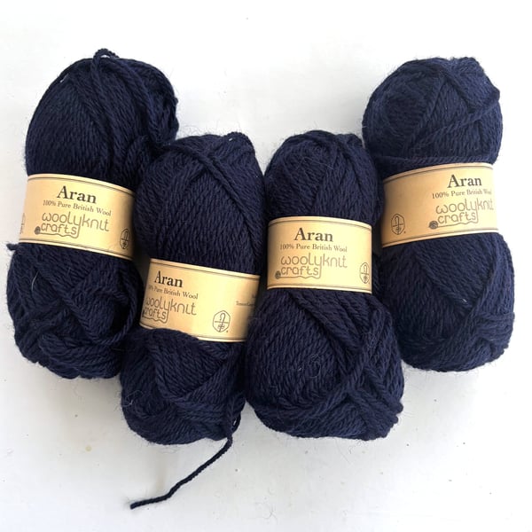 Woolyknit Aran British Wool 4 x 50 gram balls in Navy Blue