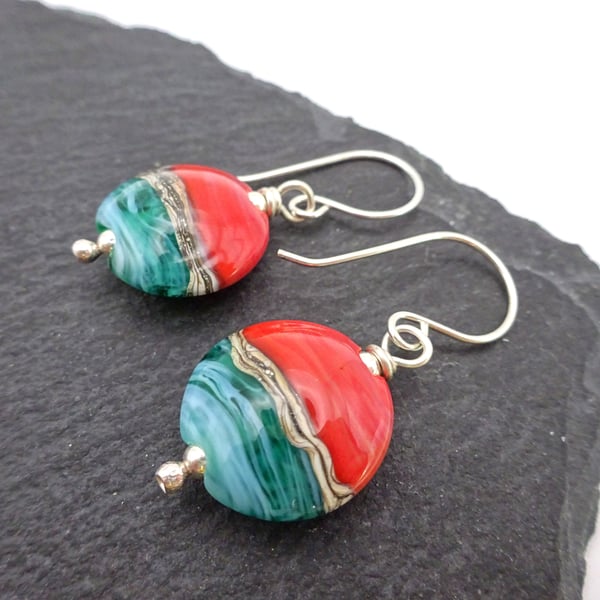 lampwork glass red and green earrings