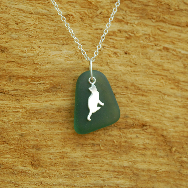Aquamarine beach glass pendant with silver cat charm