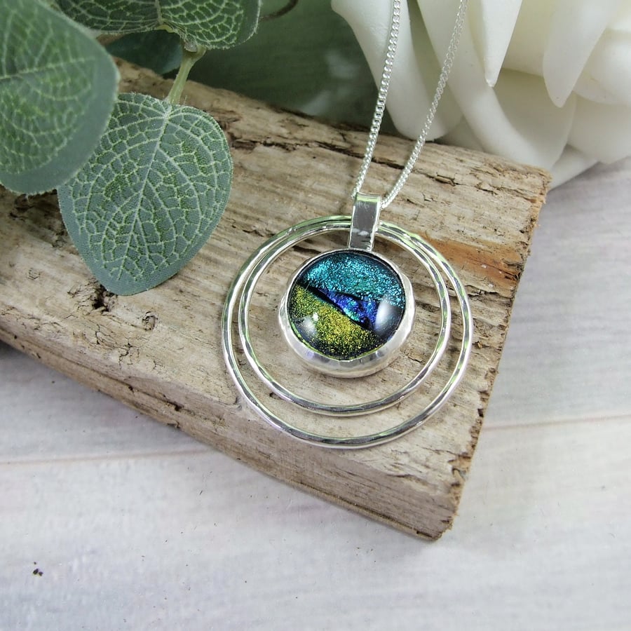 Dichroic Glass Necklace, Sterling Silver Seascape Spinner Pendant