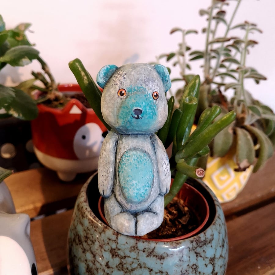 Hand carved, painted and finished wooden Sampson the tatty wonky teddy bear