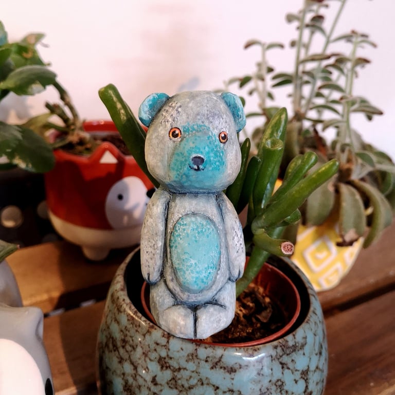 Hand carved, painted and finished wooden Sampson the tatty wonky teddy bear