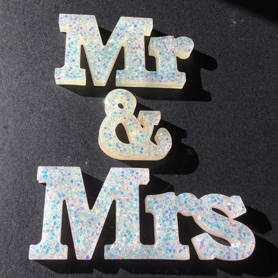 Mr & Mrs glitter free standing word sign, choice of titles.