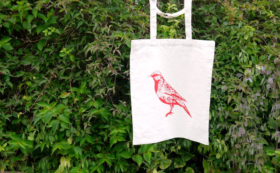 Floral Song Bird Tote Bag- Red
