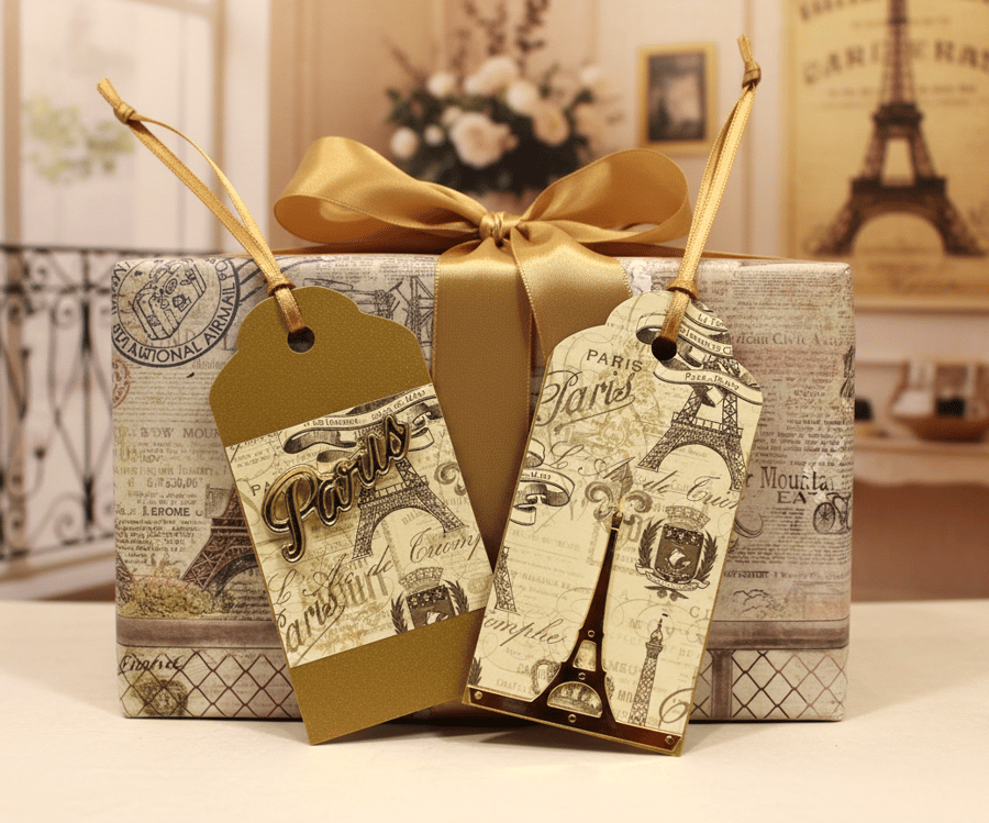 Handmade Parisian Gift Tags, Luxury Gold with embellishments, Set of 6 
