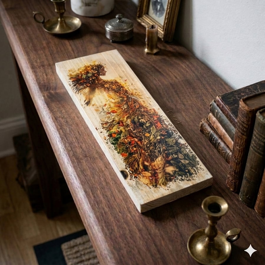 Autumn Forest Spirit Floral Fantasy Portrait Wood Wall Art,