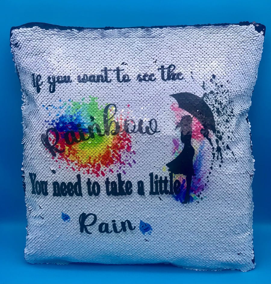 Sequin positivity cushion with motivational message and girl with umbrella print