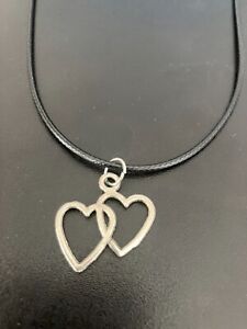 double heart charm pendant on a 18" leather cord necklace
