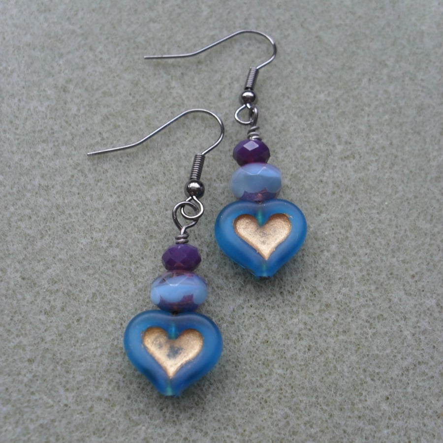 Blue Heart Dangle Earrings Czech Glass Vintage Earrings