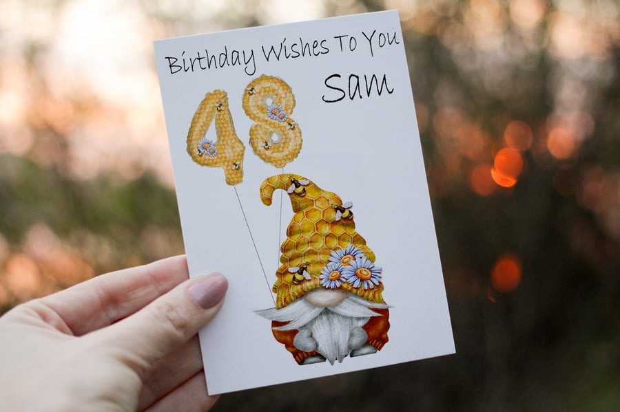 Bee Gnome Age Birthday Card, Card for 48th Birthday, Bee Gnome Birthday Card