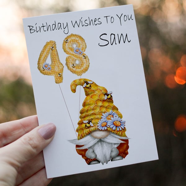 Bee Gnome Age Birthday Card, Card for 48th Birthday, Bee Gnome Birthday Card
