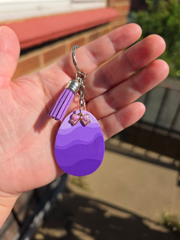 Hand-Painted Purple Wooden Keyring With Tassel & Bow Charm