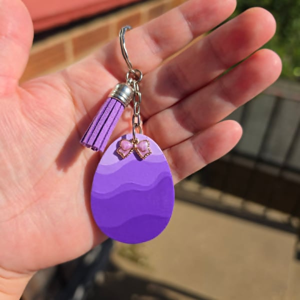 Hand-Painted Purple Wooden Keyring With Tassel & Bow Charm