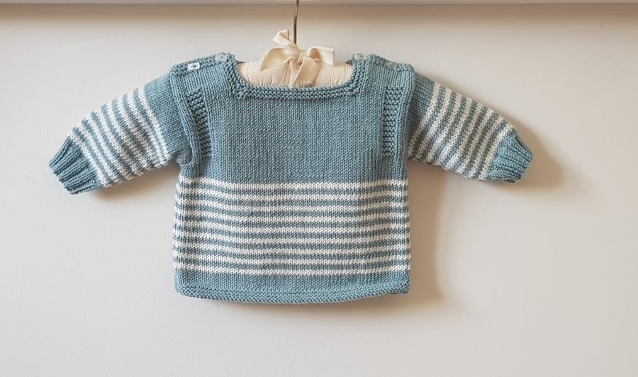 Hand Knitted Blue and cream Cashmerino Baby Jumper 0-6 months