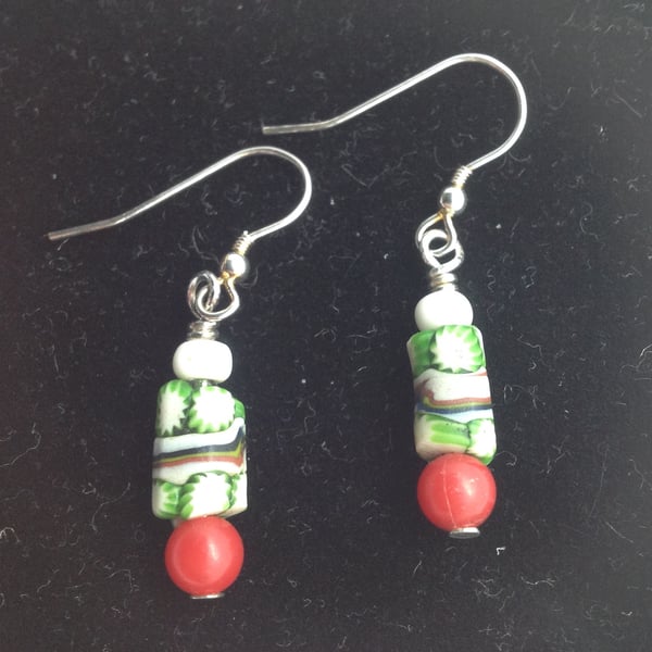 Venetian African trade bead earrings in green, white and red