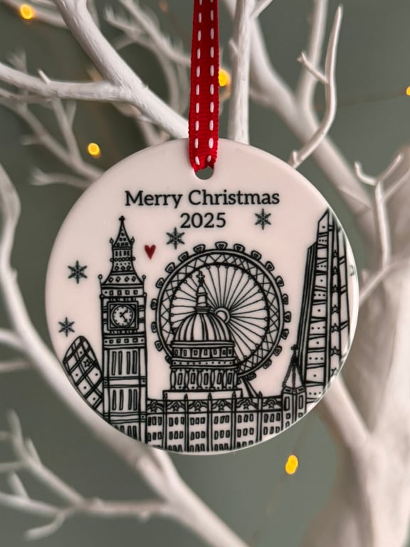 Merry Christmas 2025 Circle Illustrated London Ceramic Decoration 