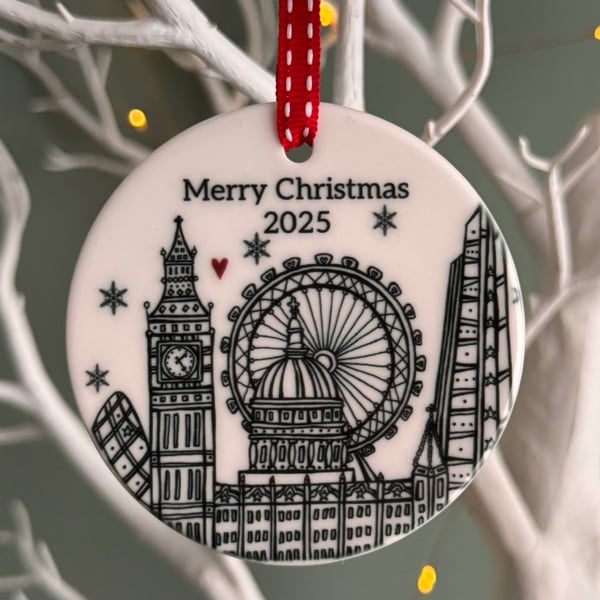 Merry Christmas 2025 Circle Illustrated London Ceramic Decoration 