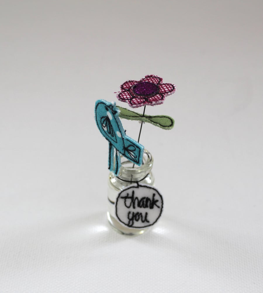 'Thank you' Flower in a Bottle with a Birdie