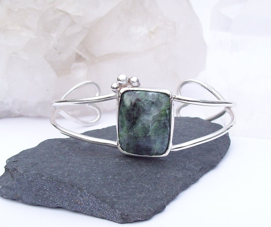 Chrome Diopside Bangle Cuff Solid Sterling Silver 925 Wide Bangle 