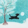 Dog Christmas Card, Snowball Black Dog Card, Christmas Art, Snow Tree Puppy Card