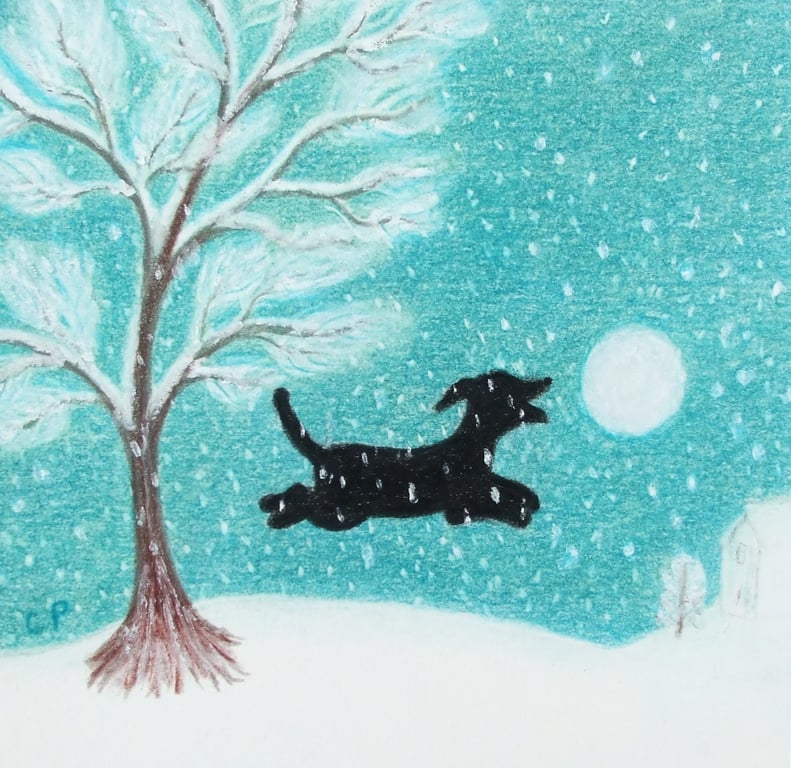 Dog Christmas Card, Snow Tree Black Dog, Winter Art Snowball Puppy Greeting Card