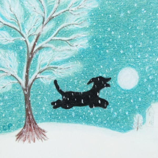 Dog Christmas Card, Snow Tree Black Dog, Winter Art Snowball Puppy Greeting Card