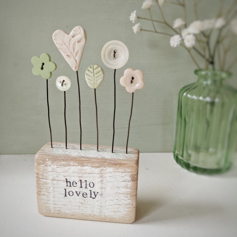 Clay Heart and Button Flowers in a Painted Wood Block 'Hello Lovely'
