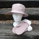 Bucket hat glove set pink grey marl wool tweed faux sheepskin fleece mittens 