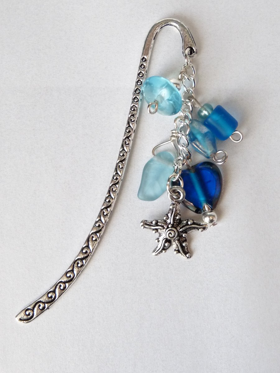 Aqua Blue Indian Glass Bead Charm Bookmark - Handmade - 18