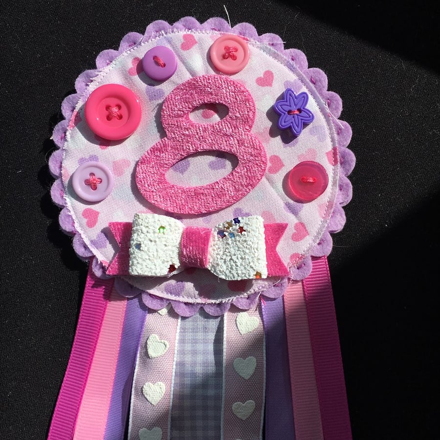 Birthday badge-Rosette - Birthday Girl - pink and purple hearts