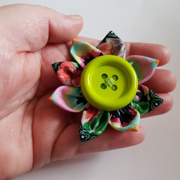 Colourful Floral Fabric Flower Hair Clip with Lime Green Button