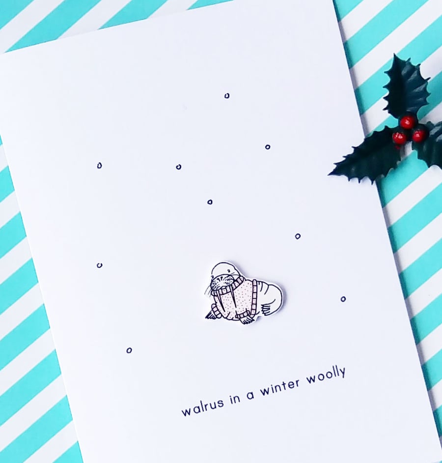 christmas card - walrus in a winter woolly