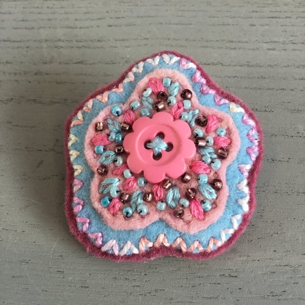 Hand Embroidered Pastel Flower Brooch 
