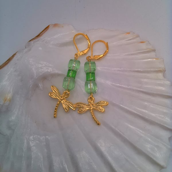 Earrings with Green Glass Cubes and a Gold Plated Dragonfly Charm, Gift for Her 