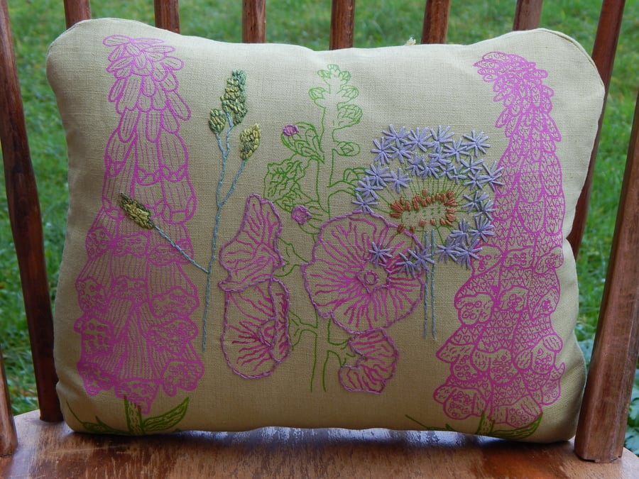 RESERVED Light green linen  - Screen printed Foxglove and Mallow cushion 