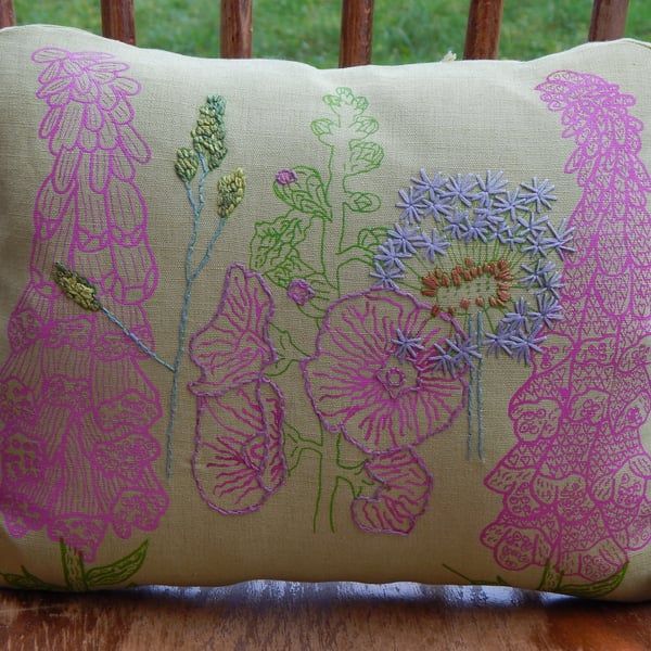 RESERVED Light green linen  - Screen printed Foxglove and Mallow cushion 