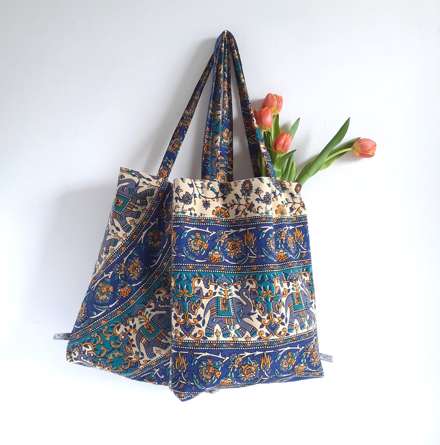 Tote bag or beach bag upcycled in Indian elephant print fabric in blue and green