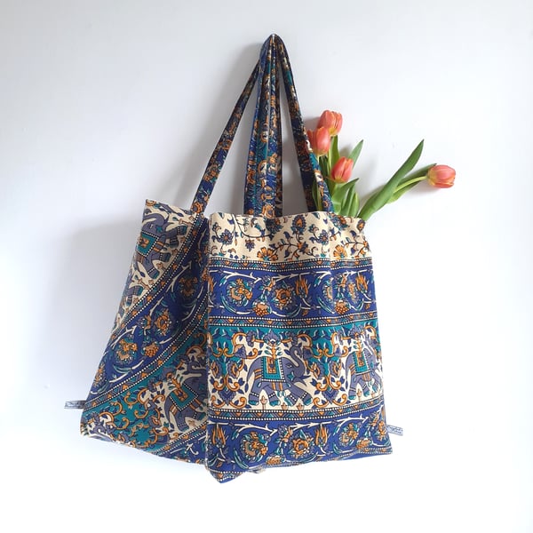 Tote bag or beach bag upcycled in Indian elephant print fabric in blue and green