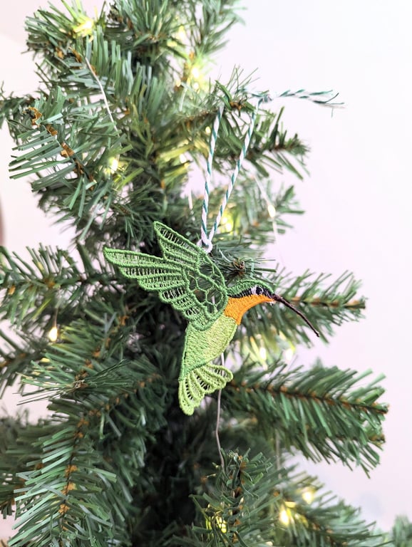 Lace Hummingbird Ornament: Machine Embroidery, Colorful Tree Decoration