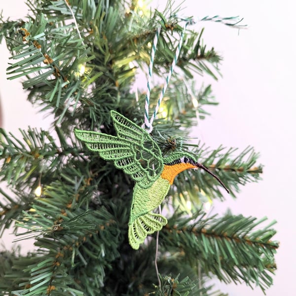 Lace Hummingbird Ornament: Machine Embroidery, Colorful Tree Decoration