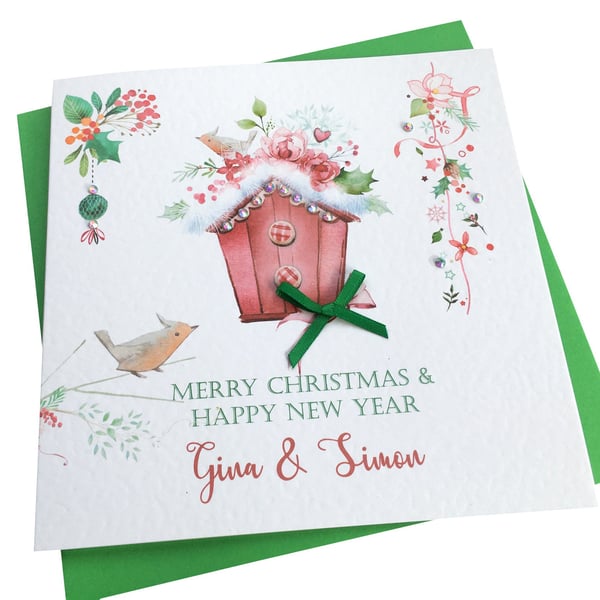 Personalised Handmade Christmas birdhouse card- Any Wording