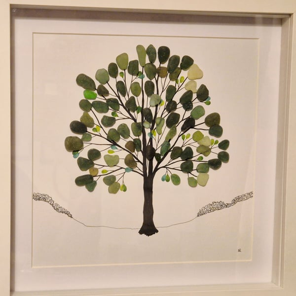Seaglass seaham sea glass sycamore gap tree handmade in white frame